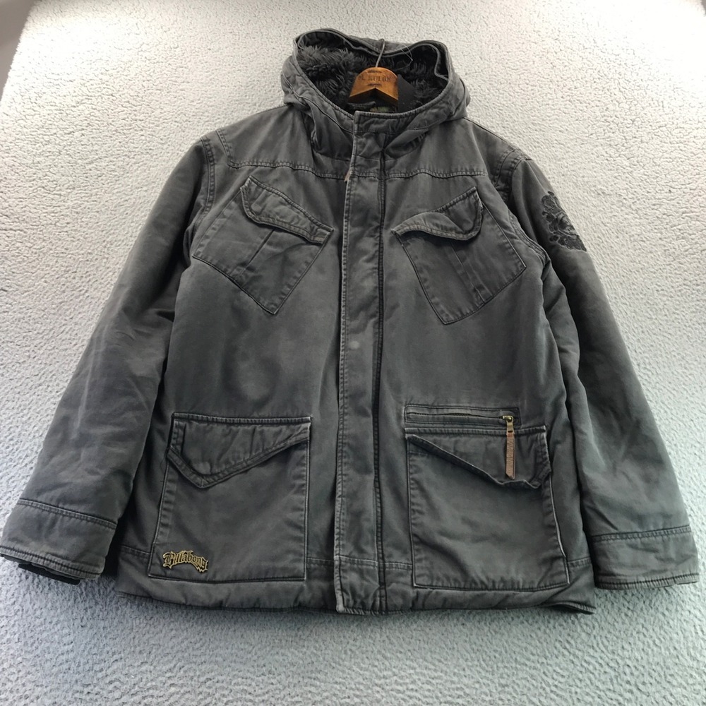 VTG Billabong Jacket Mens Large Gray Faded Y2K Skater Grunge Heavy Sherpa Hood